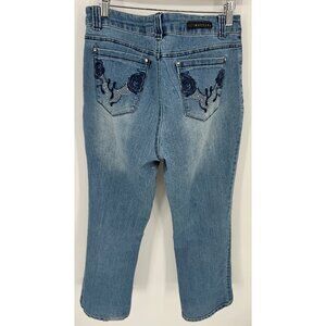 Baccini Womens Embellished Floral Rose Pocket Straight Leg Denim Jeans